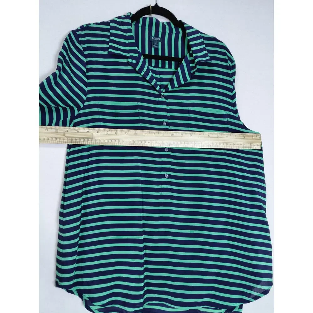J.Crew 100% Silk Green Lightweight Striped Button-Up Shirt Women Size XL